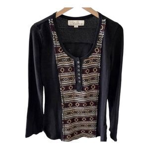 Vintage Savana Top Print Button Up Long Sleeve Knit‎ Black Size L